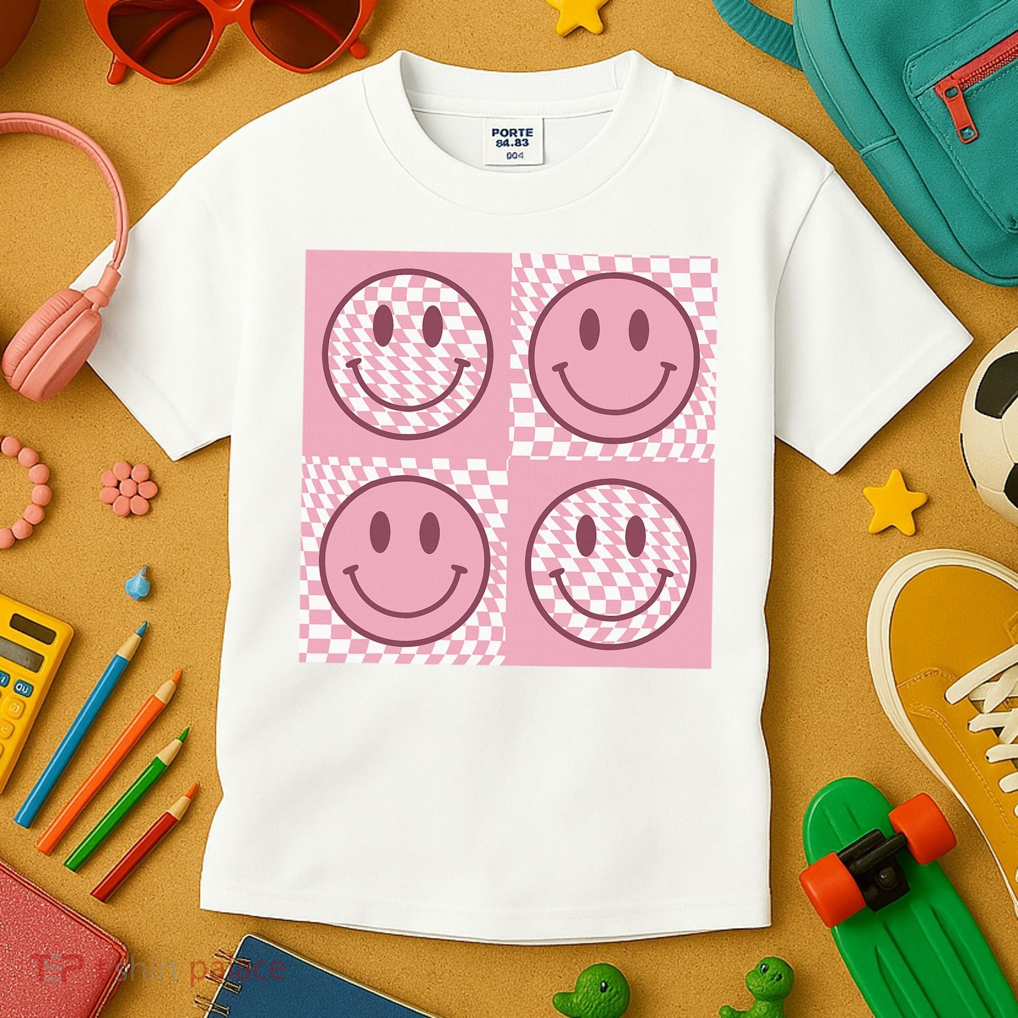Funny Face Shirt Checkered Pattern Smile Face Meme Trendy Kids T-Shirt