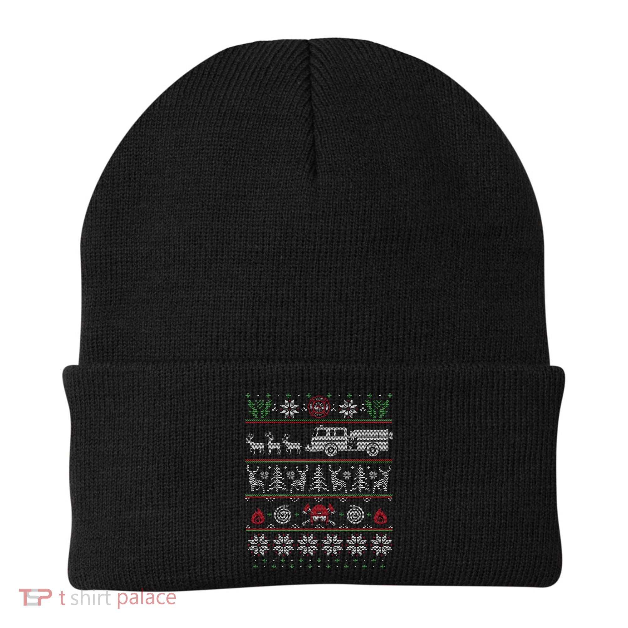 Firefighter Fire Truck Pulled By Reindeer Ugly Christmas Gift Beanie