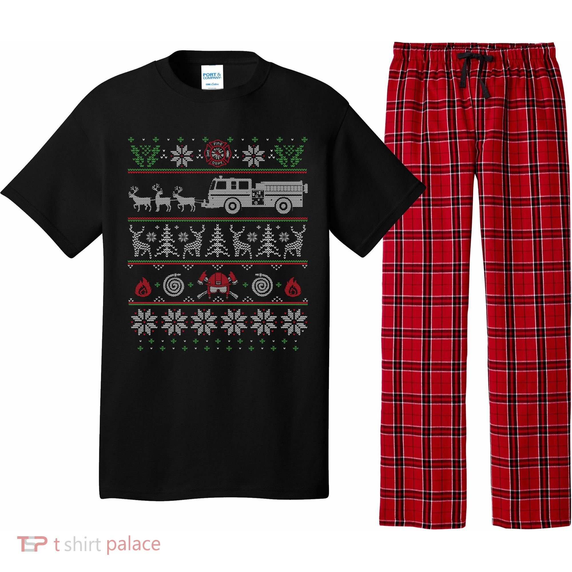 Firefighter Fire Truck Pulled By Reindeer Ugly Christmas Gift Pajama Set