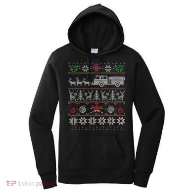 Firefighter Fire Truck Pulled By Reindeer Ugly Christmas Gift Women's Hoodie