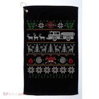 Firefighter Fire Truck Pulled By Reindeer Ugly Christmas Gift Golf Towel thumb 0