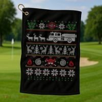 Firefighter Fire Truck Pulled By Reindeer Ugly Christmas Gift Golf Towel thumb 1