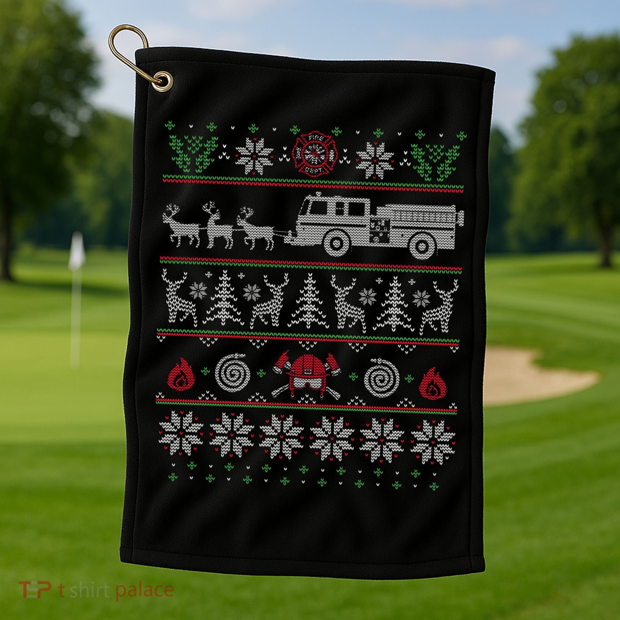 Firefighter Fire Truck Pulled By Reindeer Ugly Christmas Gift Golf Towel