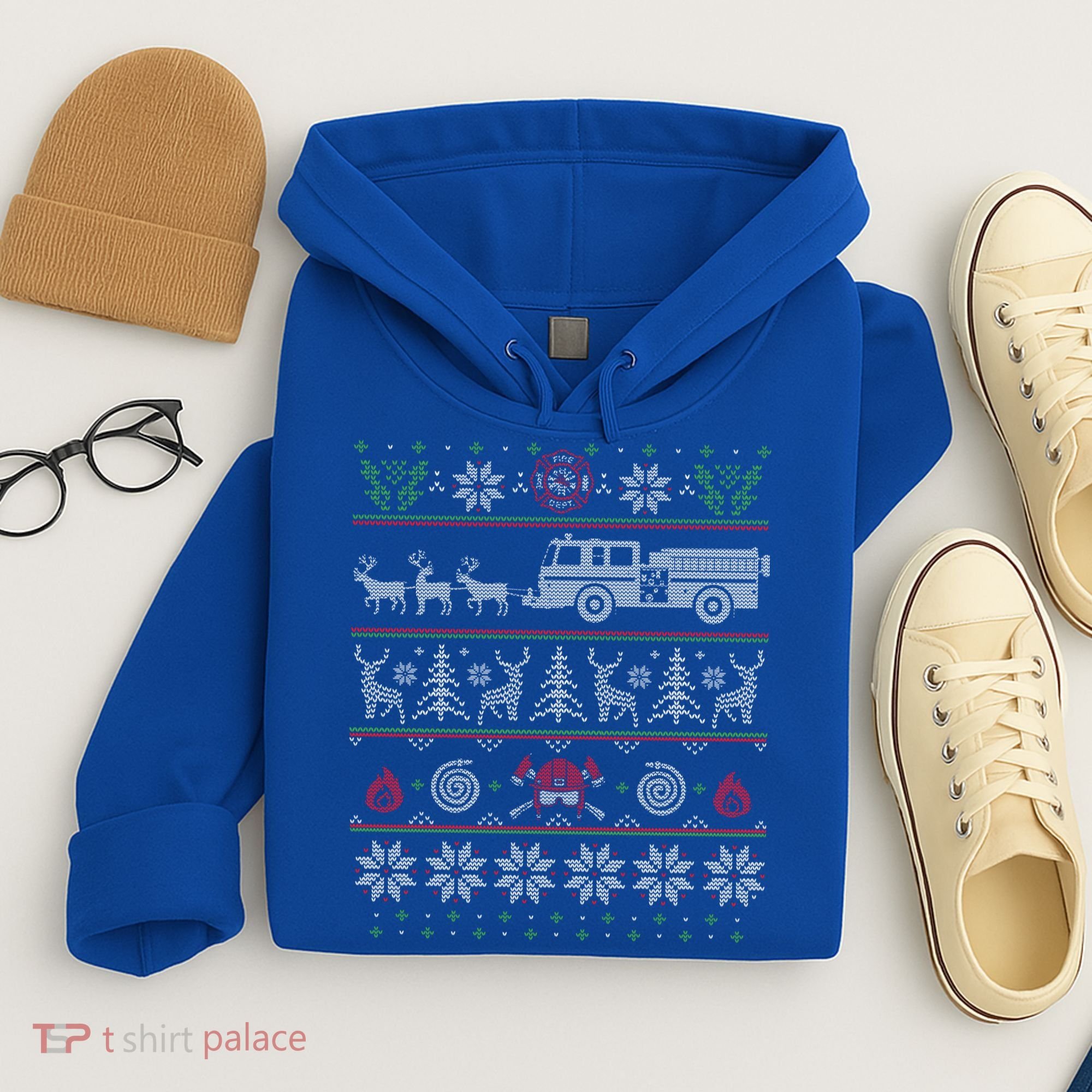 Firefighter Fire Truck Pulled By Reindeer Ugly Christmas Gift Hoodie