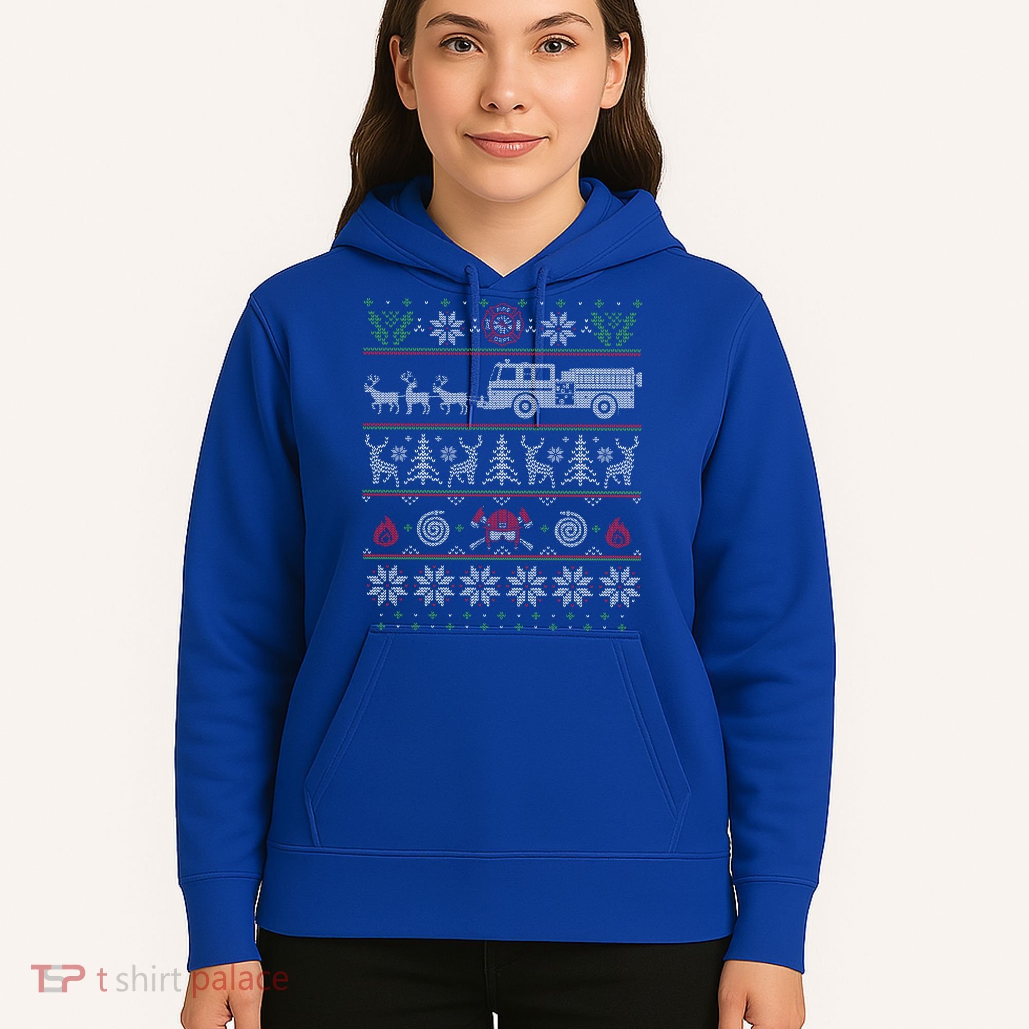 Firefighter Fire Truck Pulled By Reindeer Ugly Christmas Gift Hoodie