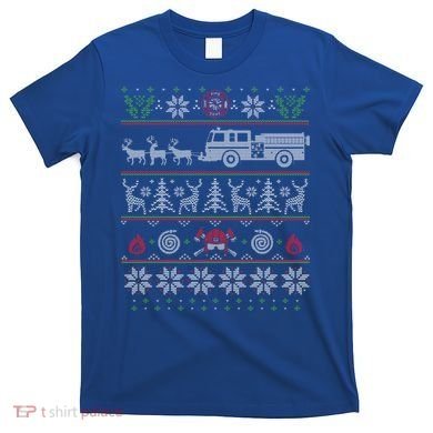 Firefighter Fire Truck Pulled By Reindeer Ugly Christmas Gift T-Shirt