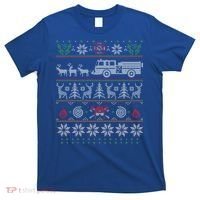 Firefighter Fire Truck Pulled By Reindeer Ugly Christmas Gift T-Shirt thumb 0