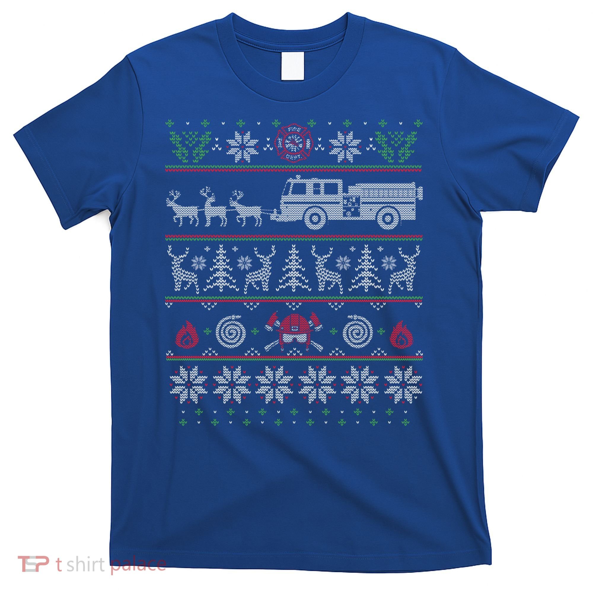 Firefighter Fire Truck Pulled By Reindeer Ugly Christmas Gift T-Shirt