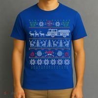 Firefighter Fire Truck Pulled By Reindeer Ugly Christmas Gift T-Shirt thumb 3
