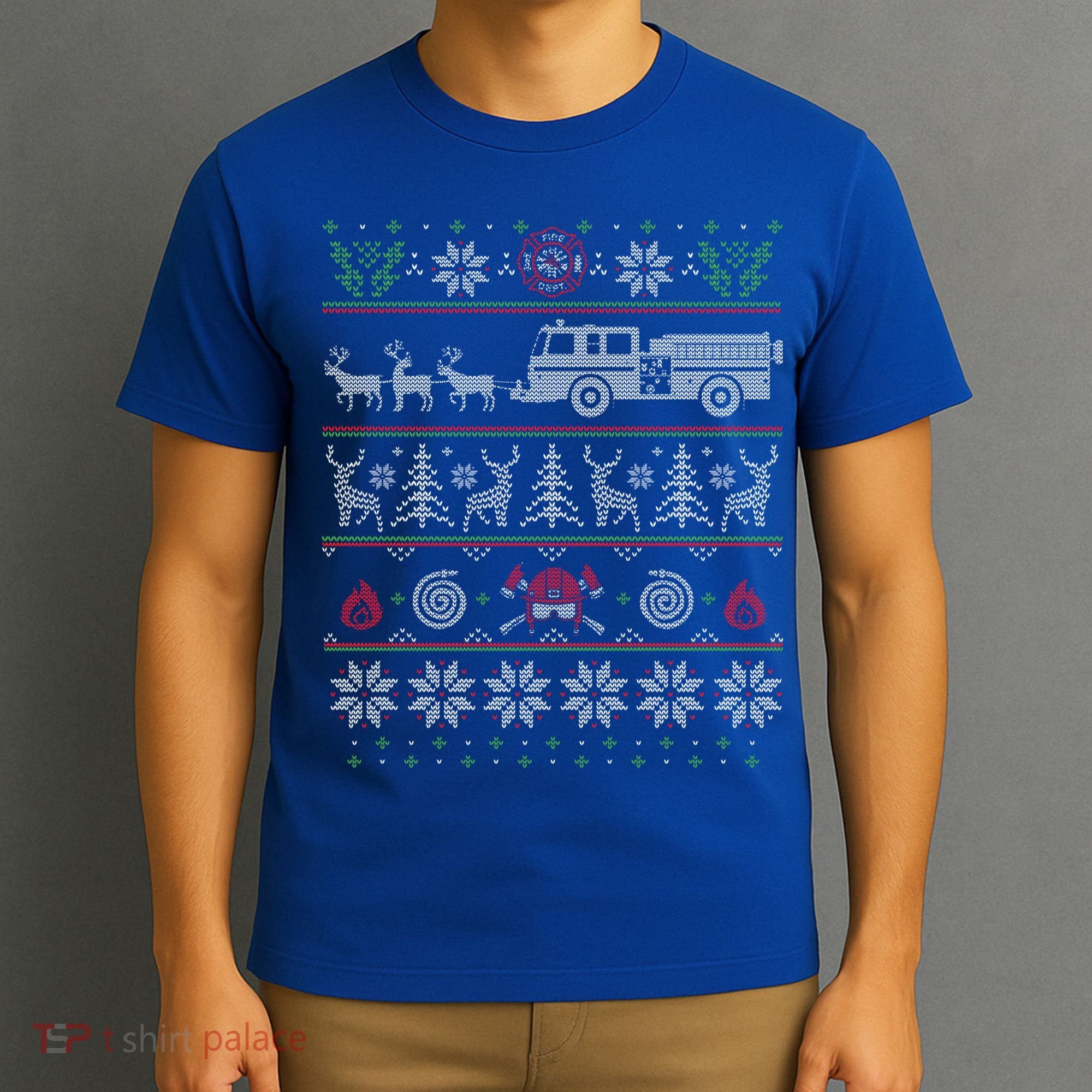 Firefighter Fire Truck Pulled By Reindeer Ugly Christmas Gift T-Shirt