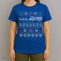 Firefighter Fire Truck Pulled By Reindeer Ugly Christmas Gift T-Shirt thumb 4