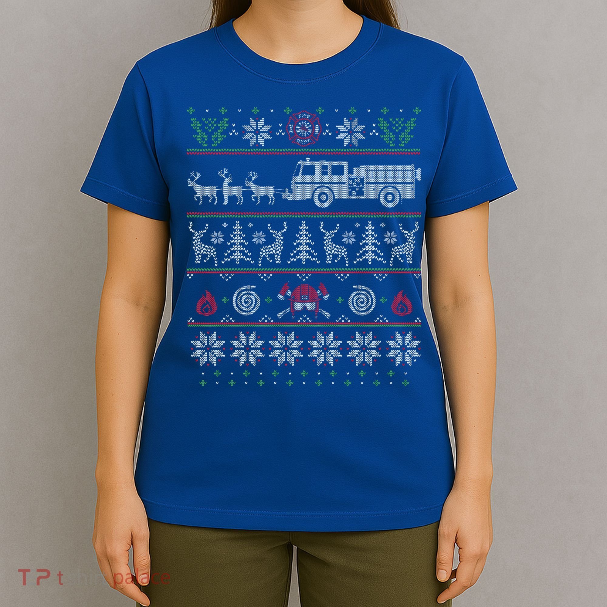 Firefighter Fire Truck Pulled By Reindeer Ugly Christmas Gift T-Shirt