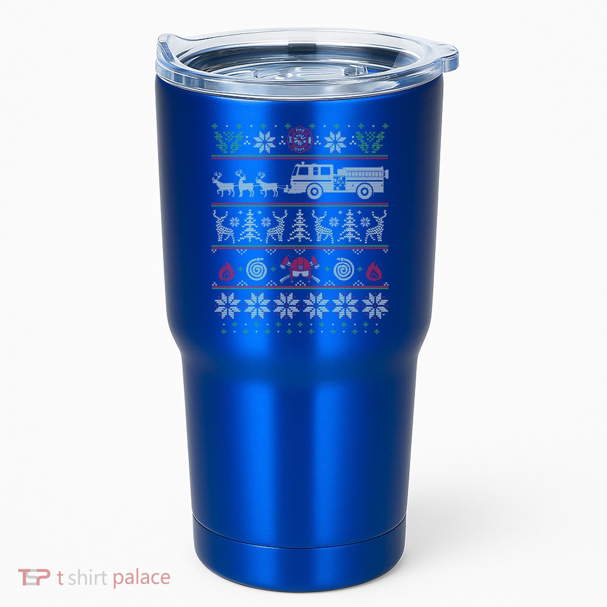 Firefighter Fire Truck Pulled By Reindeer Ugly Christmas Gift Tumbler