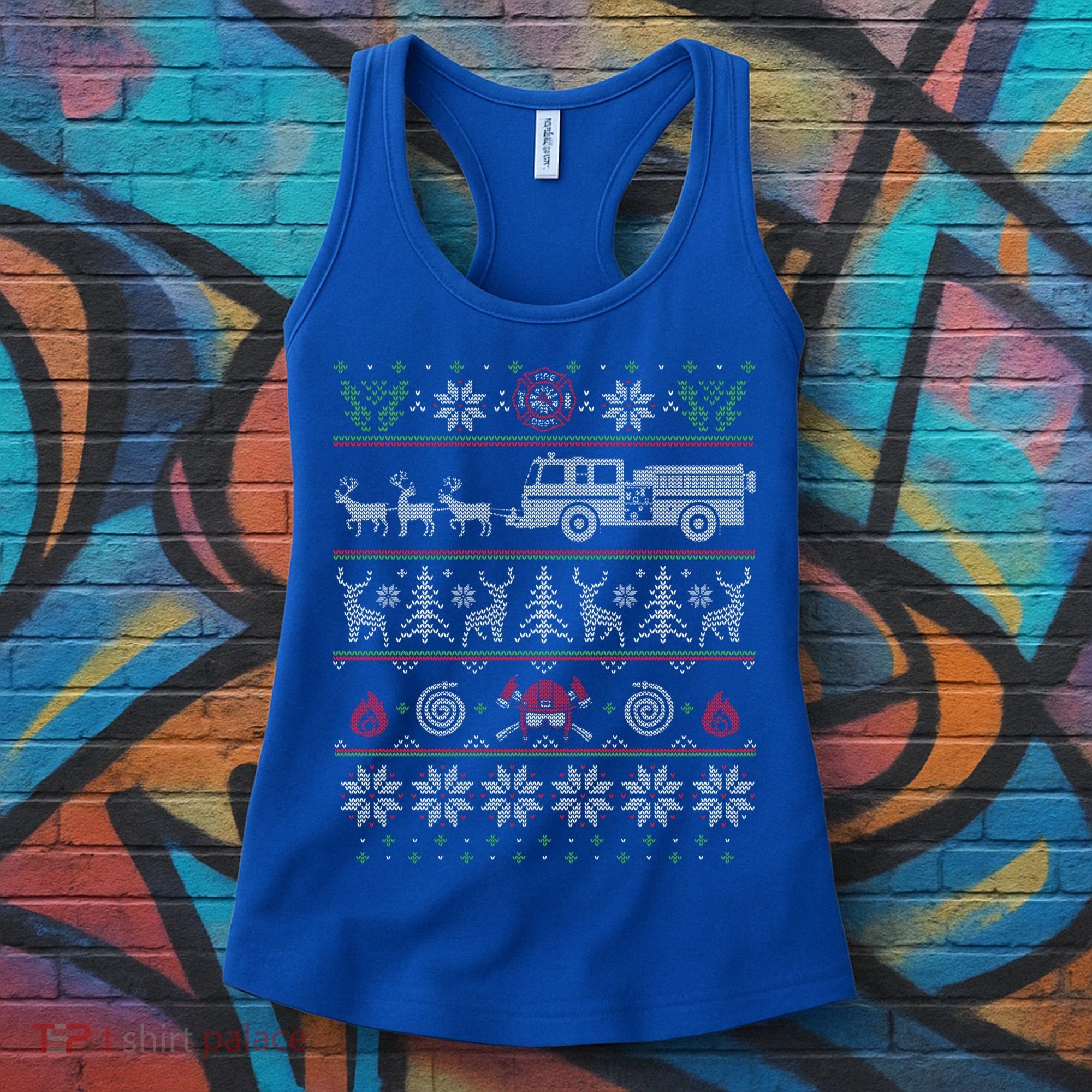Firefighter Fire Truck Pulled By Reindeer Ugly Christmas Gift Women's Tank Top