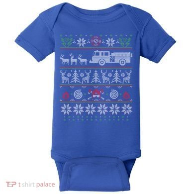 Firefighter Fire Truck Pulled By Reindeer Ugly Christmas Gift Baby Bodysuit
