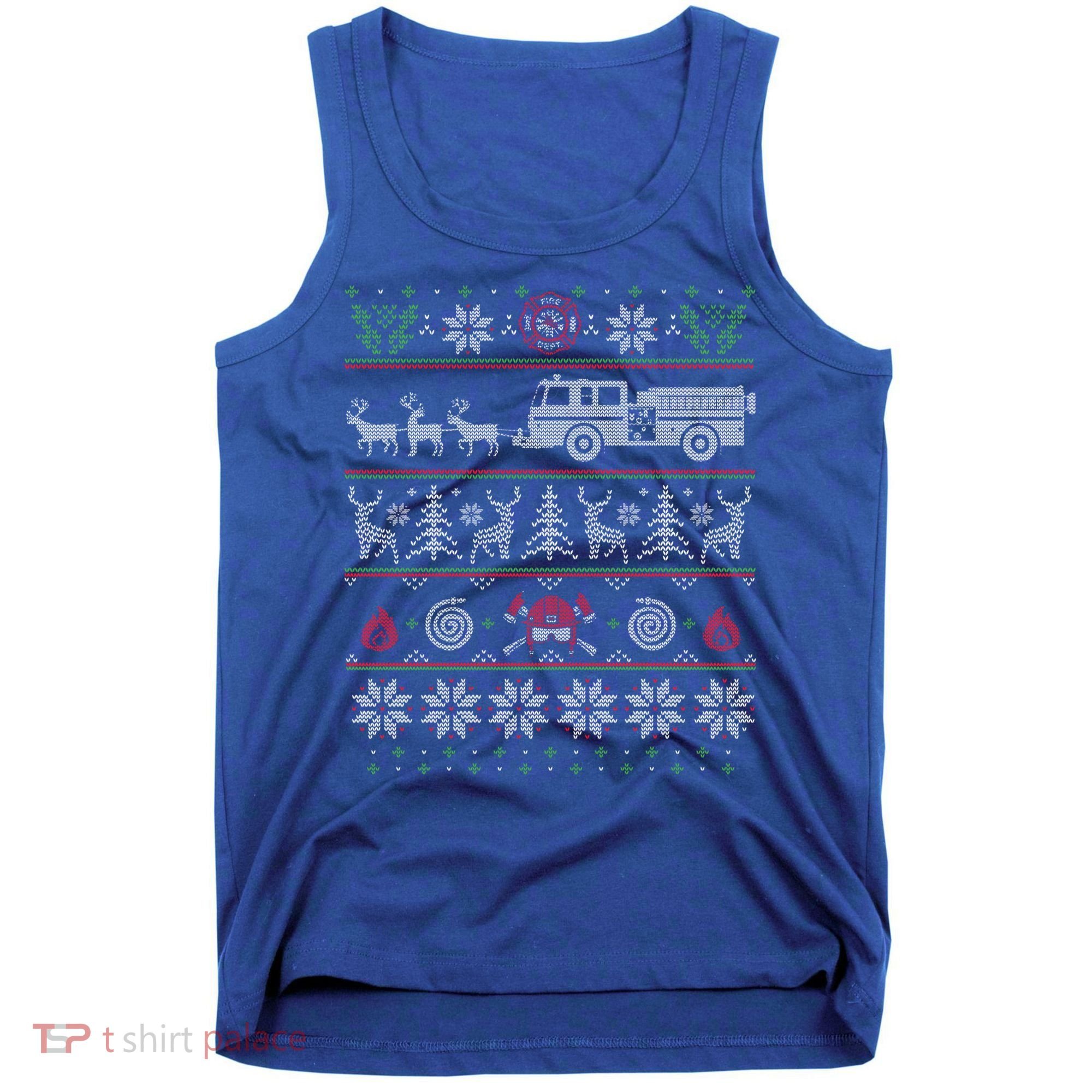 Firefighter Fire Truck Pulled By Reindeer Ugly Christmas Gift Tank Top