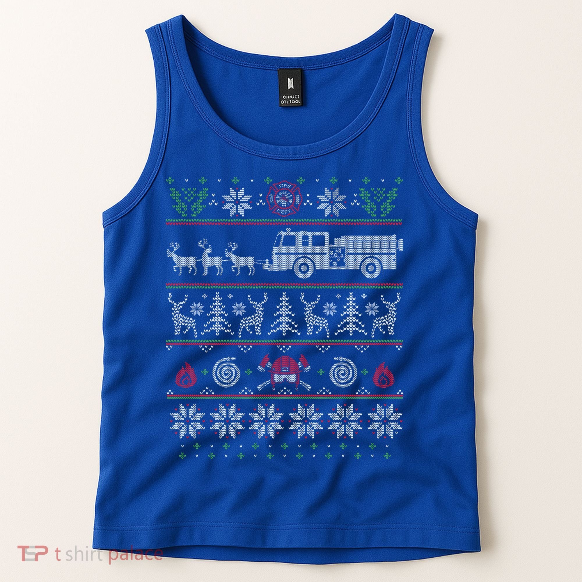 Firefighter Fire Truck Pulled By Reindeer Ugly Christmas Gift Tank Top