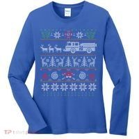 Firefighter Fire Truck Pulled By Reindeer Ugly Christmas Gift Women's Long Sleeve Shirt thumb 0