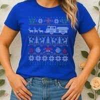 Firefighter Fire Truck Pulled By Reindeer Ugly Christmas Gift Women's T-Shirt thumb 2