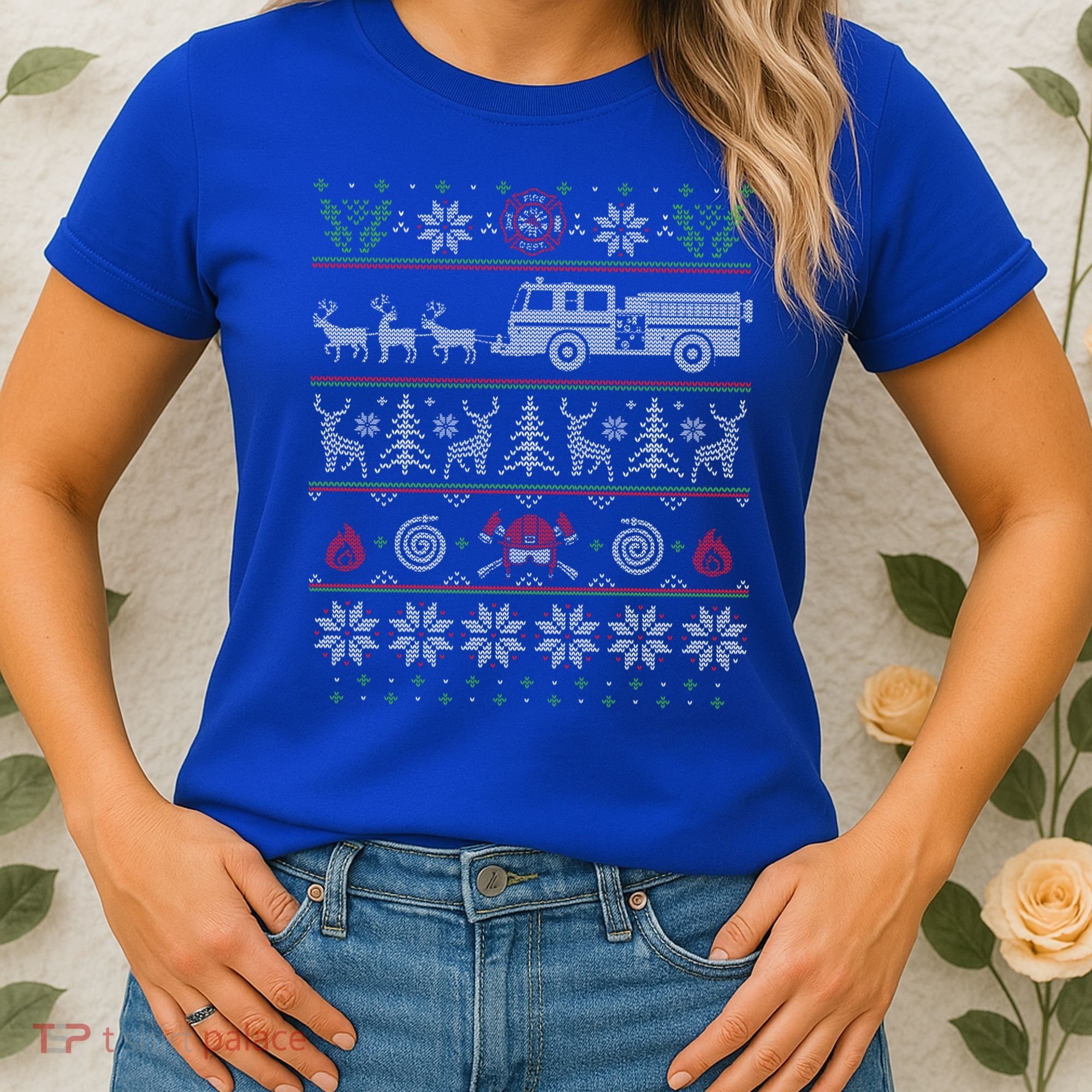 Firefighter Fire Truck Pulled By Reindeer Ugly Christmas Gift Women's T-Shirt