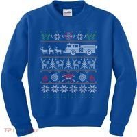 Firefighter Fire Truck Pulled By Reindeer Ugly Christmas Gift Kids Sweatshirt thumb 0
