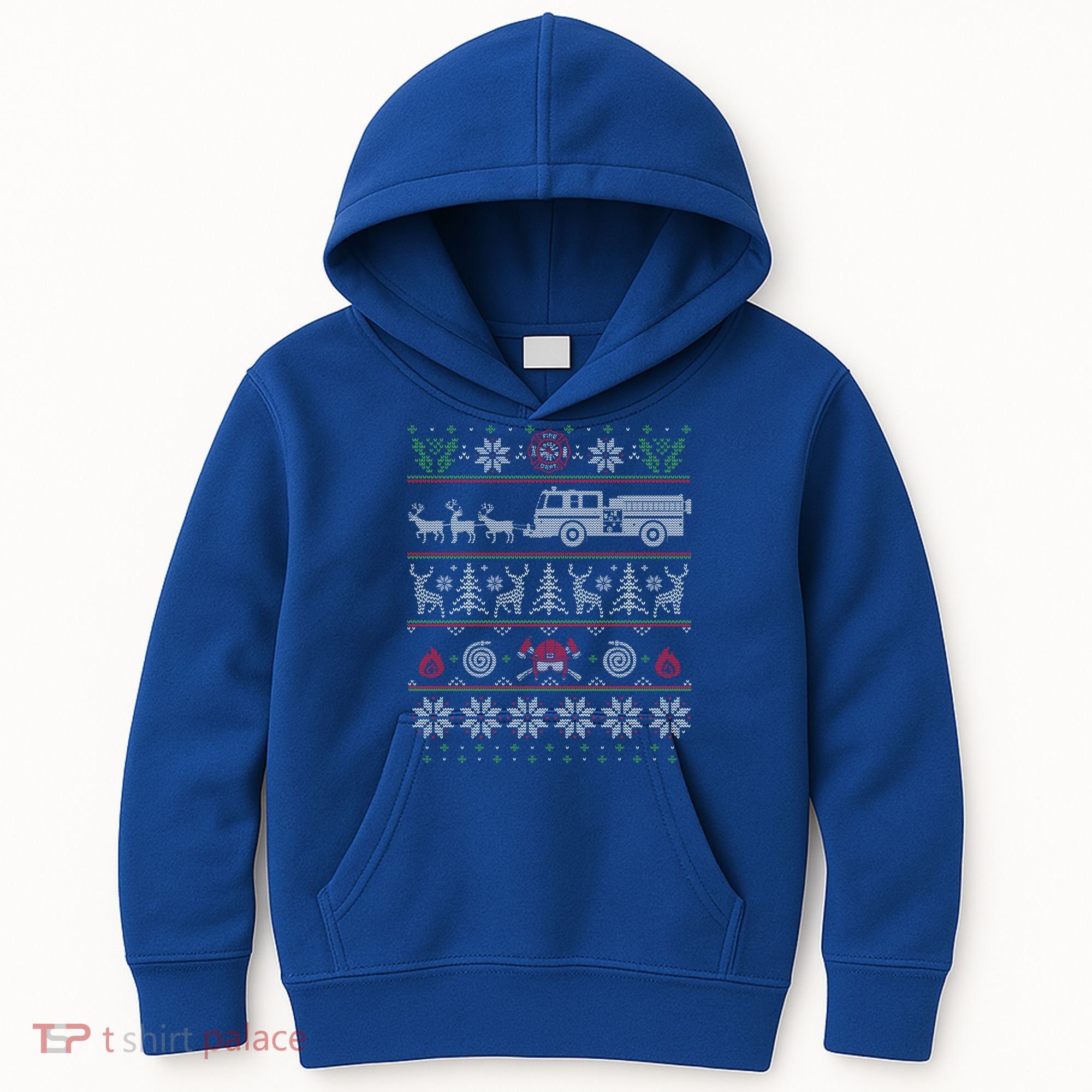 Firefighter Fire Truck Pulled By Reindeer Ugly Christmas Gift Kids Hoodie