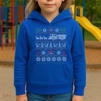 Firefighter Fire Truck Pulled By Reindeer Ugly Christmas Gift Kids Hoodie thumb 3