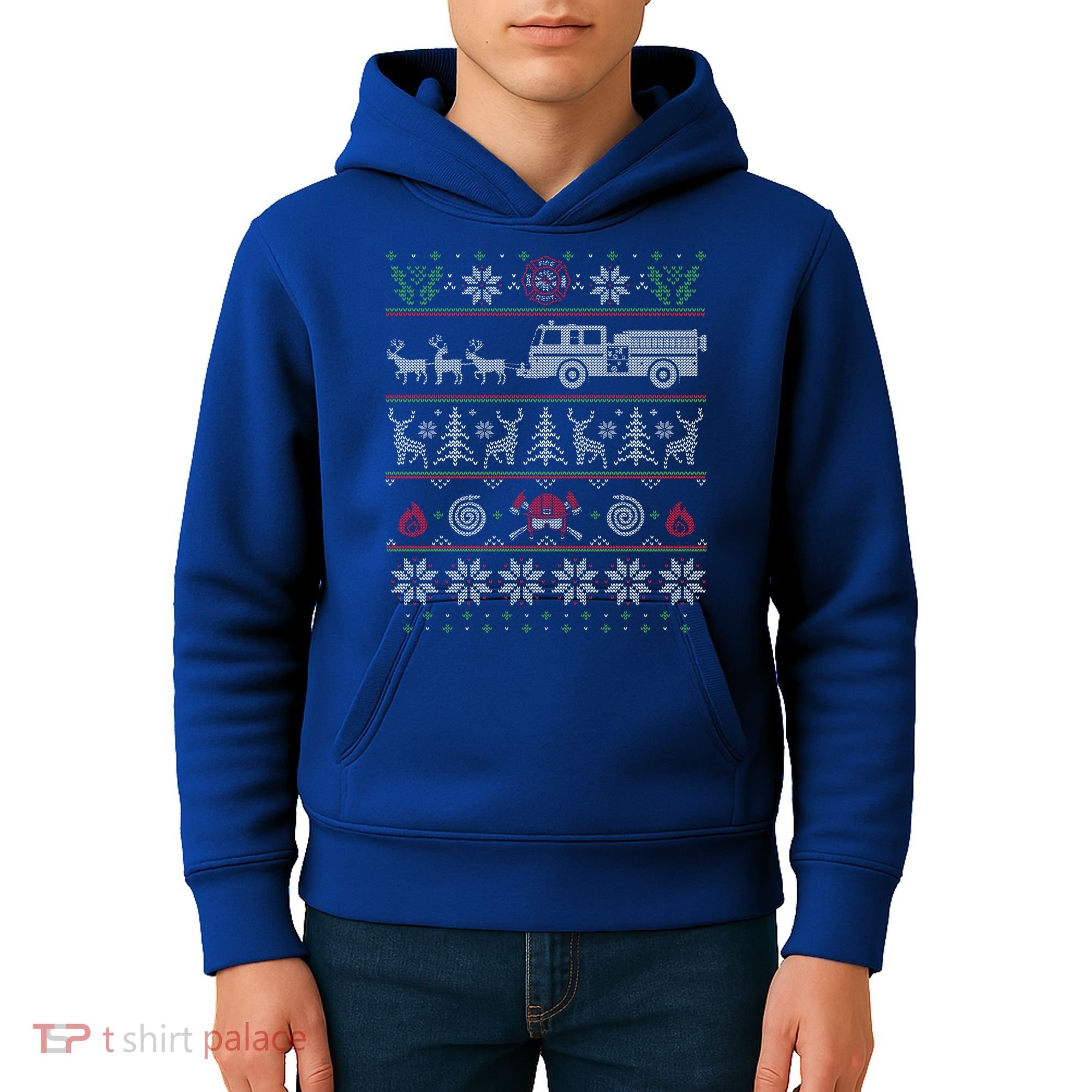 Firefighter Fire Truck Pulled By Reindeer Ugly Christmas Gift Kids Hoodie