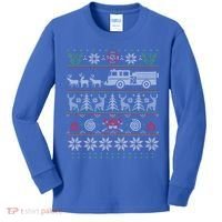 Firefighter Fire Truck Pulled By Reindeer Ugly Christmas Gift Kids Long Sleeve Shirt thumb 0