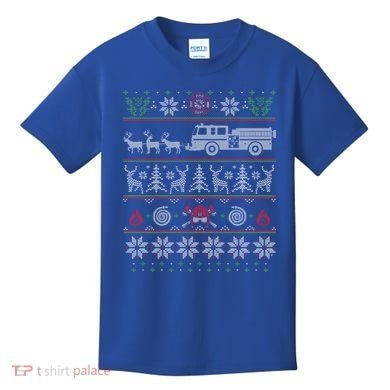 Firefighter Fire Truck Pulled By Reindeer Ugly Christmas Gift Kids T-Shirt