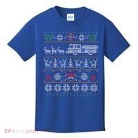 Firefighter Fire Truck Pulled By Reindeer Ugly Christmas Gift Kids T-Shirt thumb 0