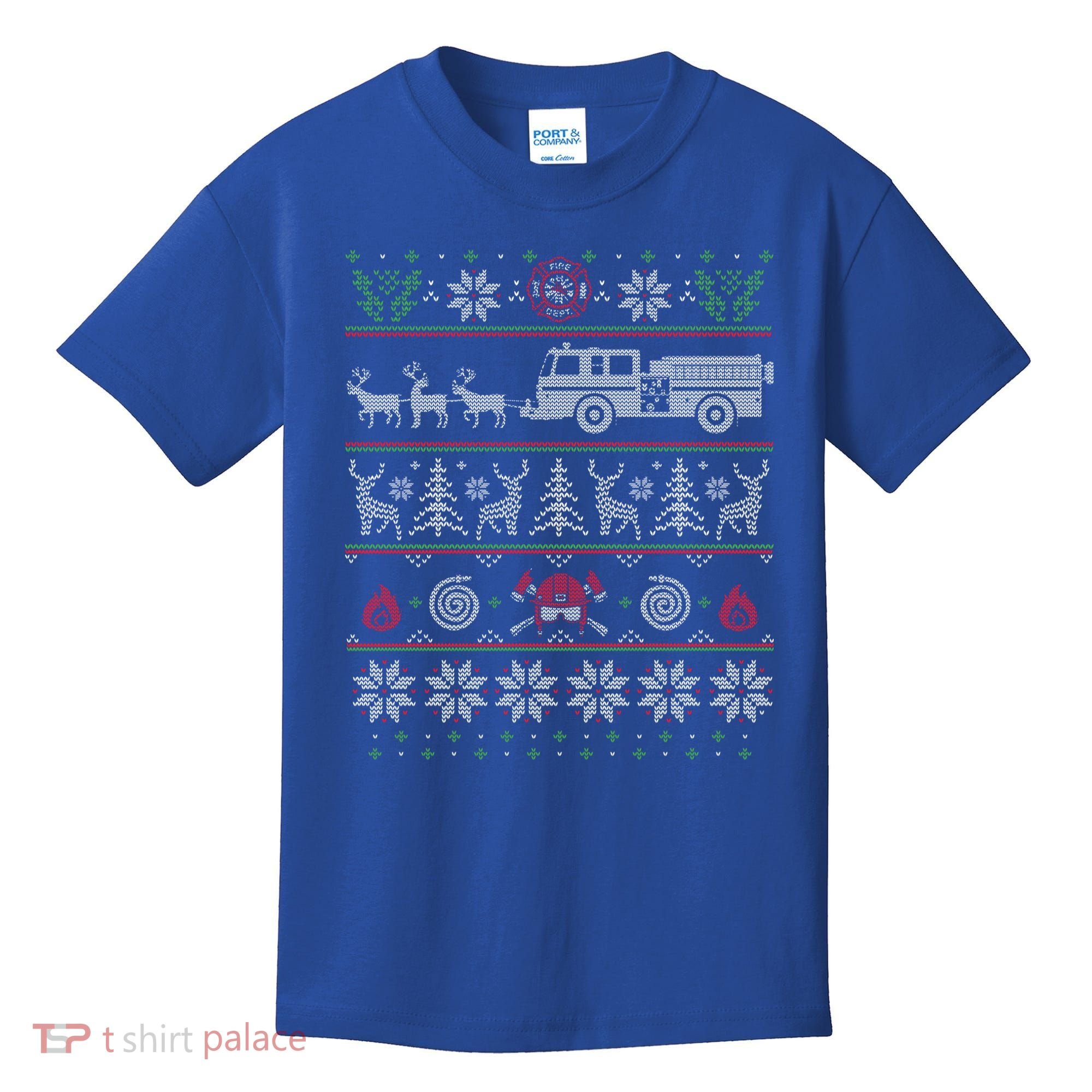 Firefighter Fire Truck Pulled By Reindeer Ugly Christmas Gift Kids T-Shirt