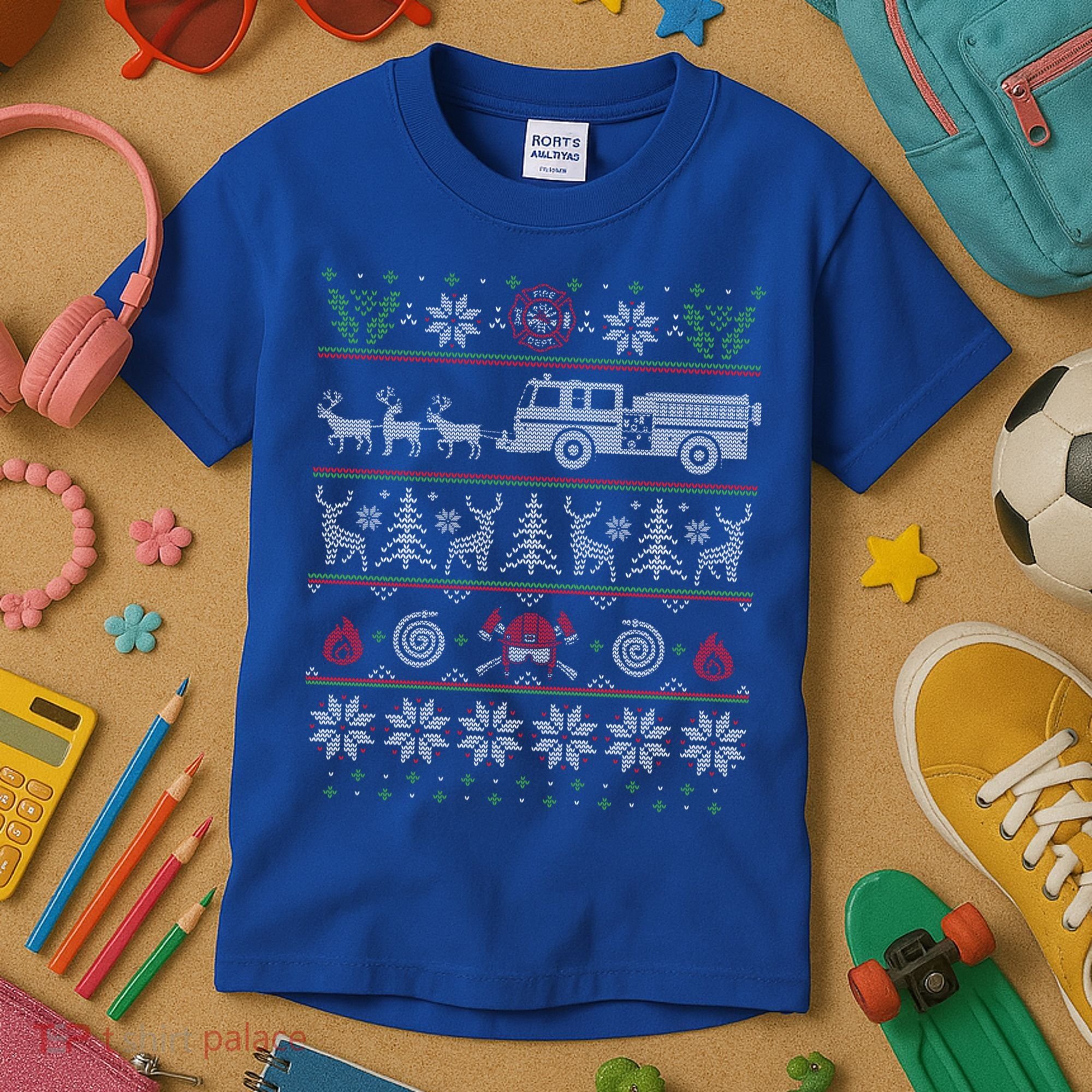 Firefighter Fire Truck Pulled By Reindeer Ugly Christmas Gift Kids T-Shirt