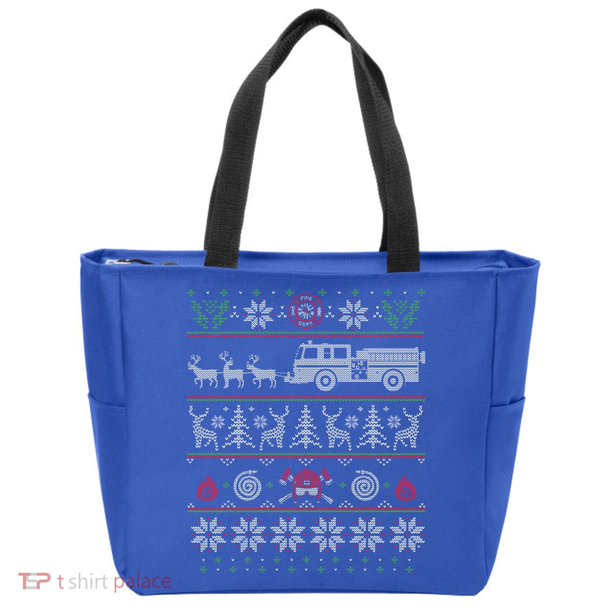 Firefighter Fire Truck Pulled By Reindeer Ugly Christmas Gift Tote Bag