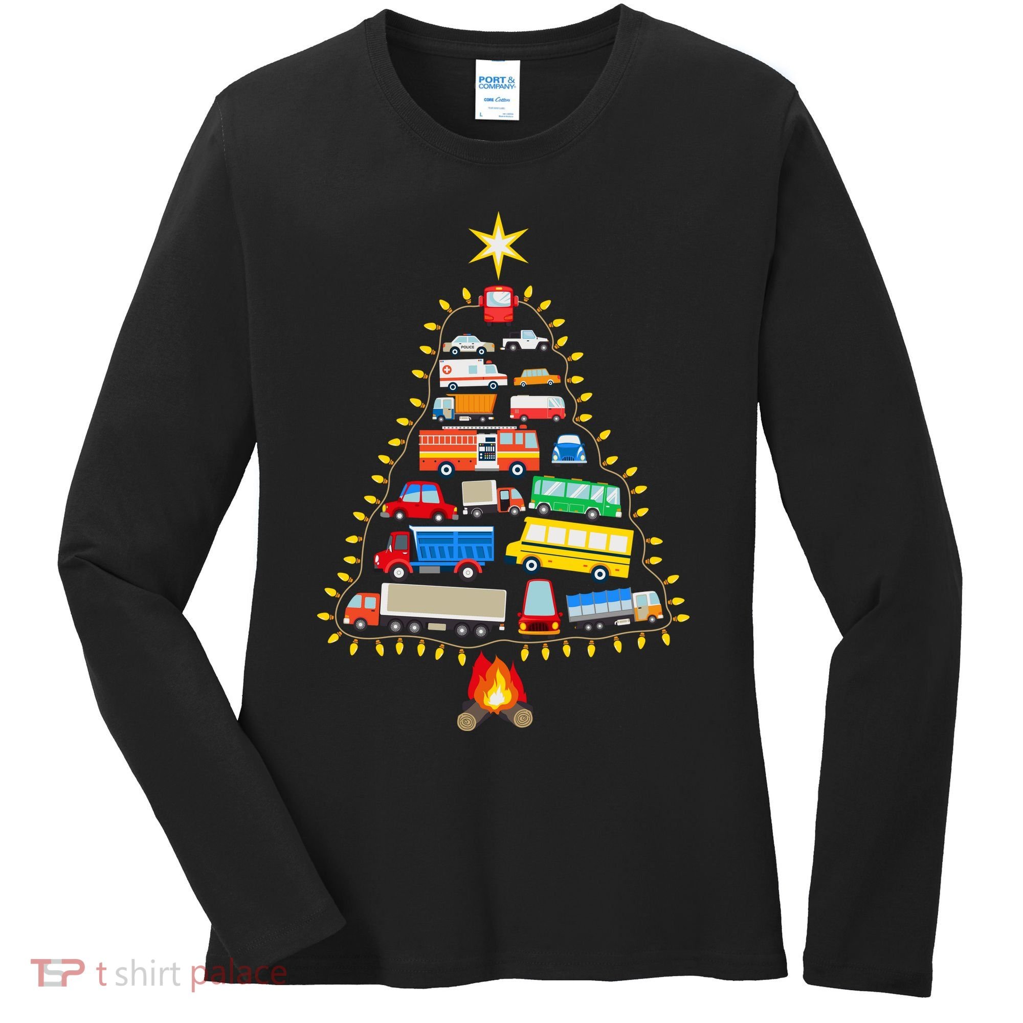 Firefighter Fire Truck Christmas Tree Xmas Tshirt Women's Long Sleeve Shirt