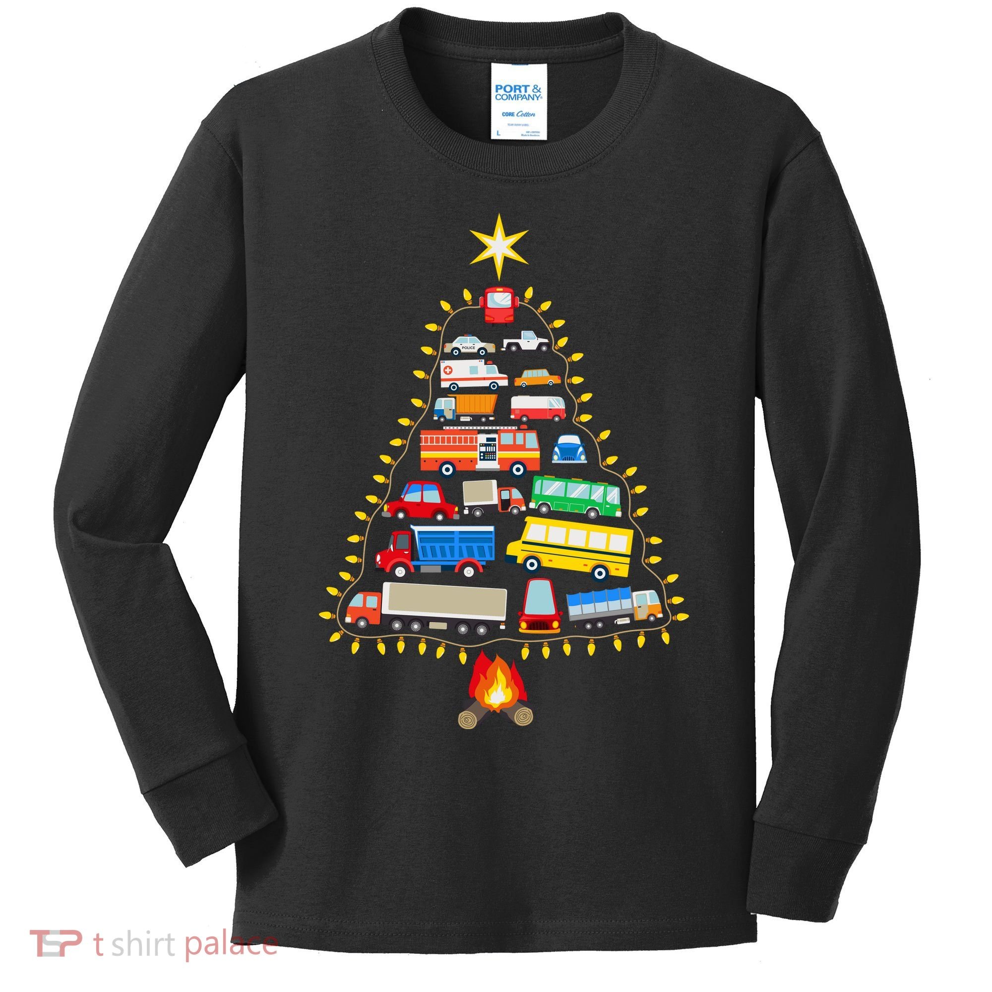 Firefighter Fire Truck Christmas Tree Xmas Tshirt Kids Long Sleeve Shirt