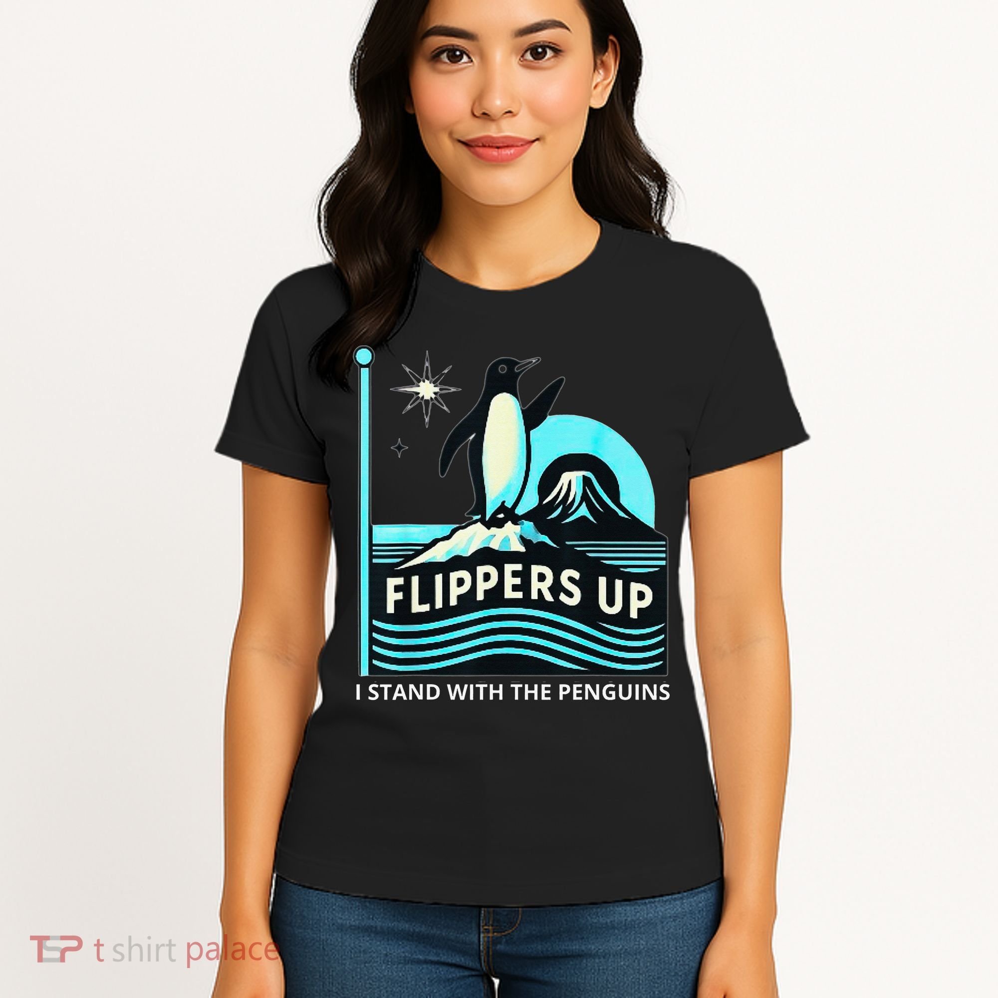 Funny-Penguin-Flippers-Up-I-Stand-With-The-Penguins Women's T-Shirt