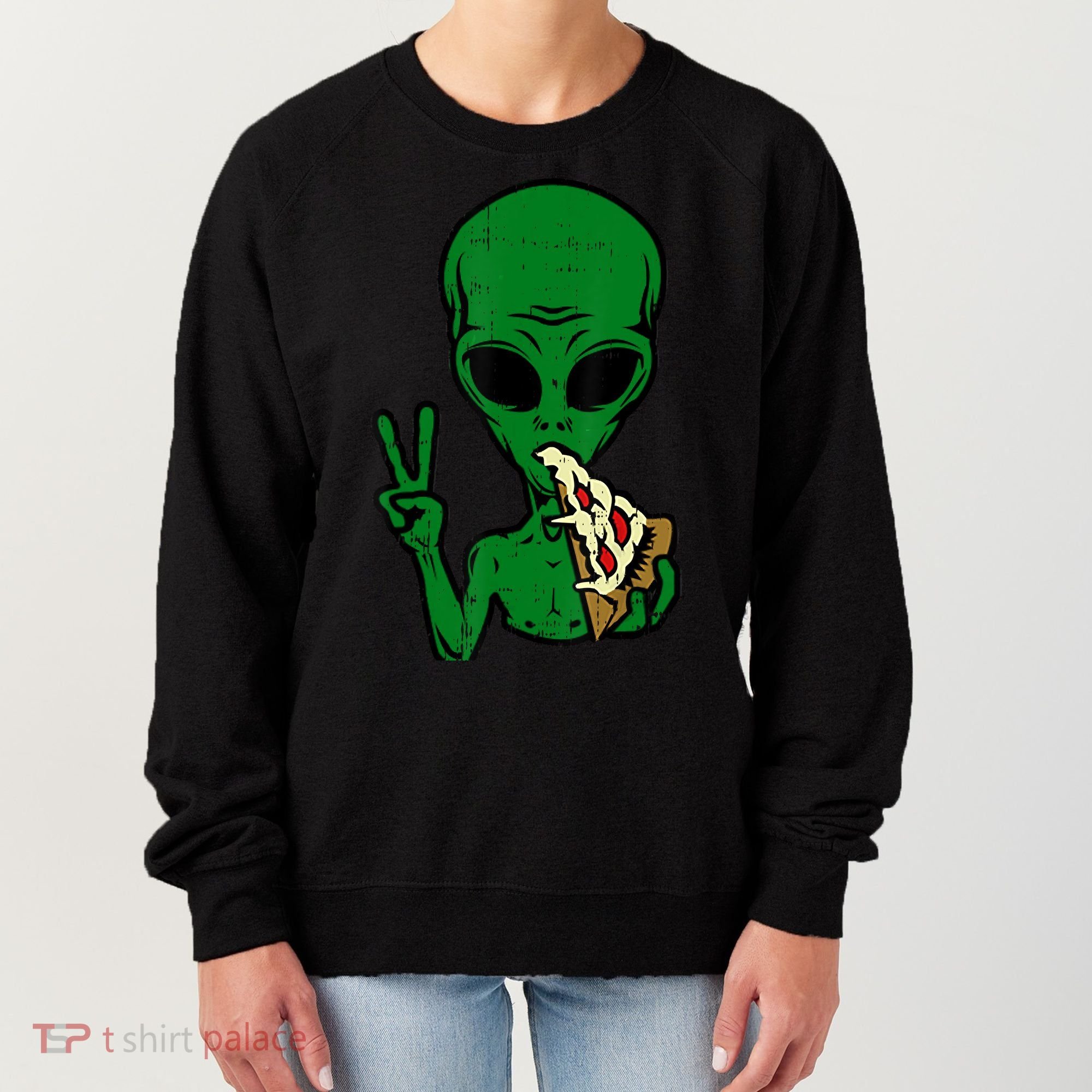 Funny Green Alien Eat Pizza Say Hi Aliens Picture Women's Sweatshirt
