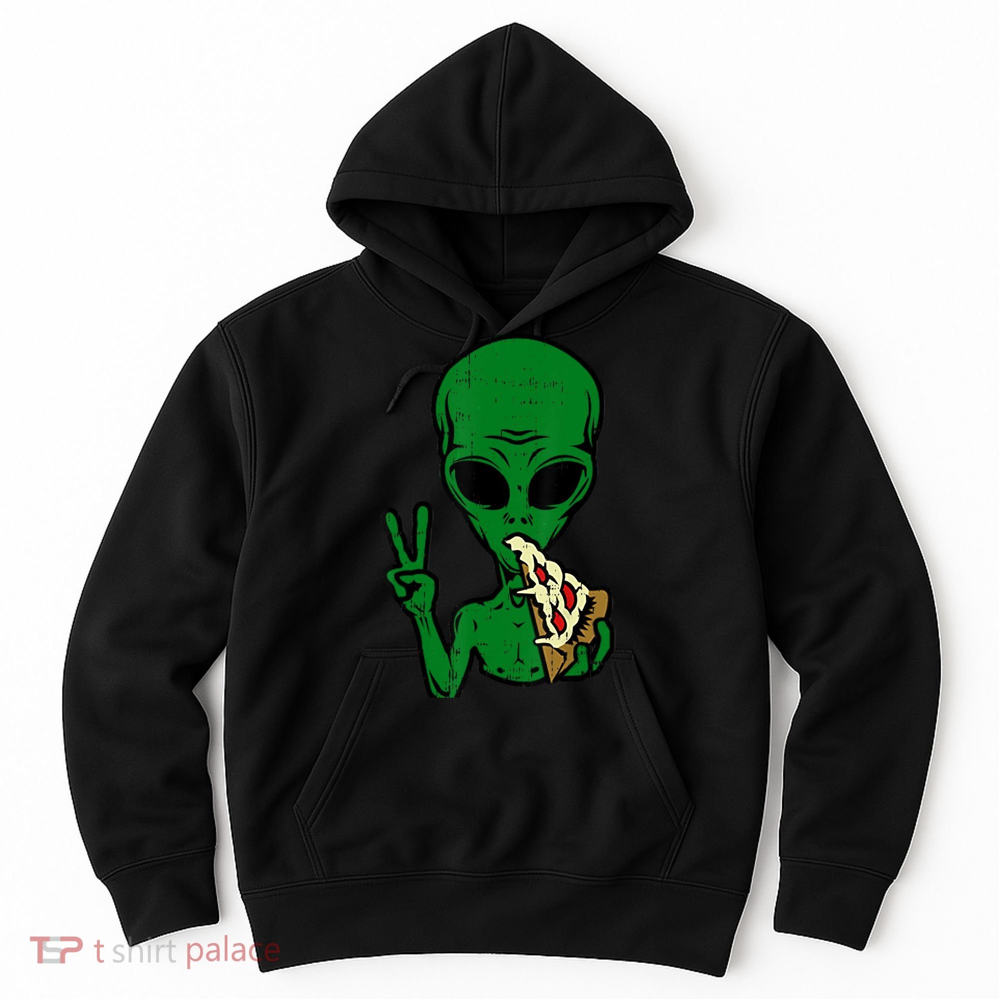 Funny Green Alien Eat Pizza Say Hi Aliens Picture Hoodie