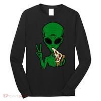 Funny Green Alien Eat Pizza Say Hi Aliens Picture Long Sleeve Shirt thumb 0