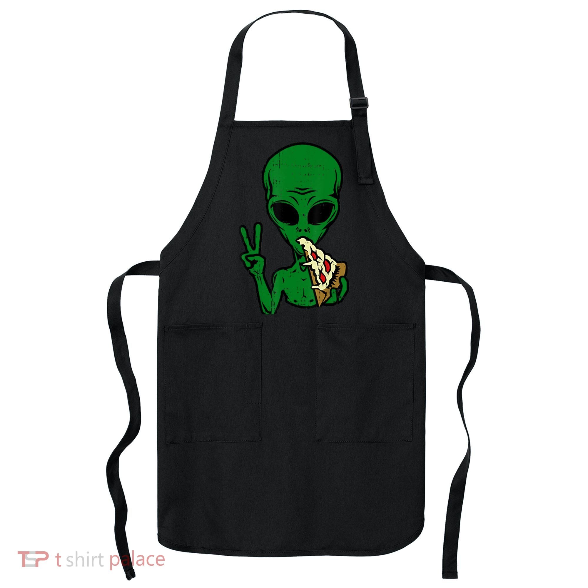 Funny Green Alien Eat Pizza Say Hi Aliens Picture Apron