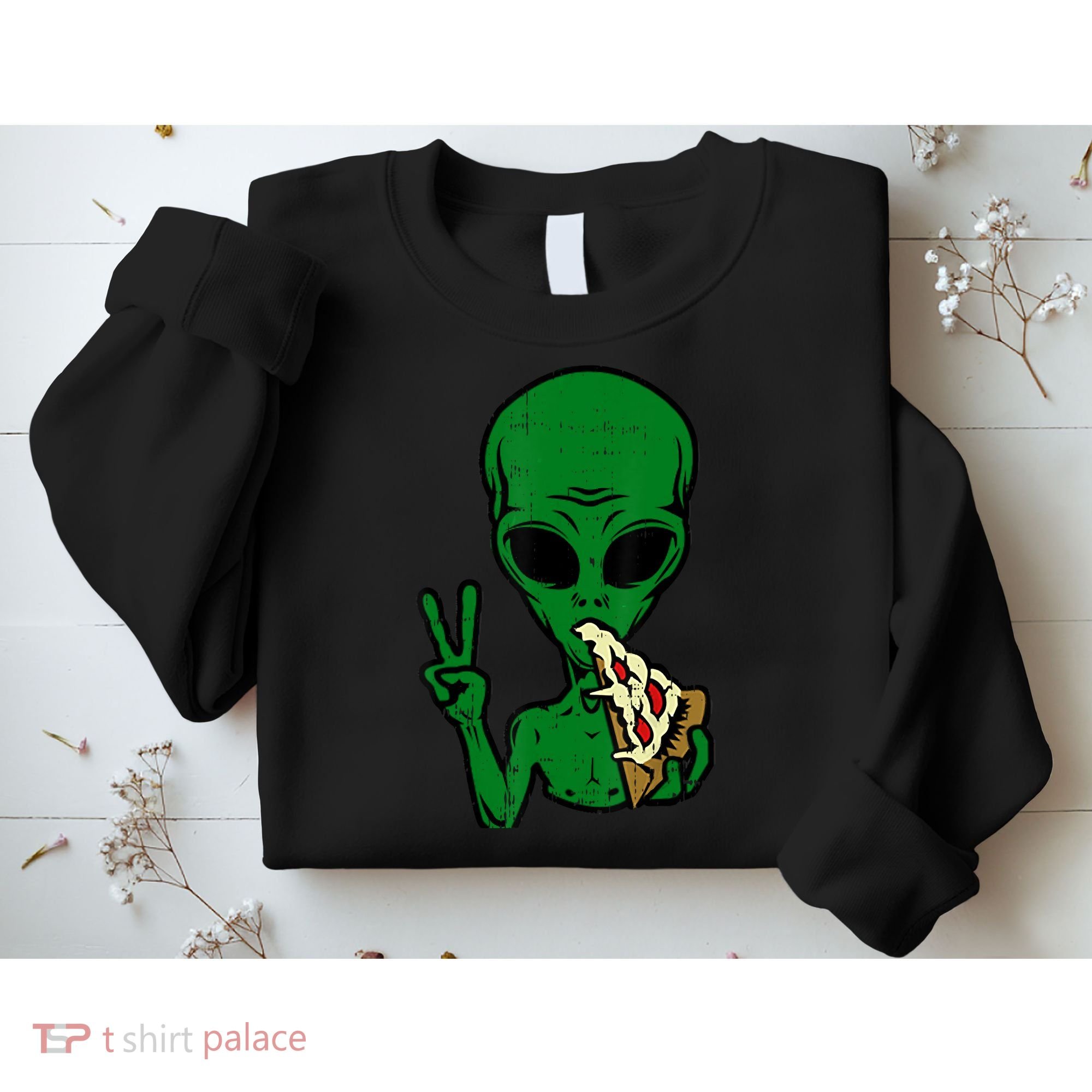 Funny Green Alien Eat Pizza Say Hi Aliens Picture Sweatshirt