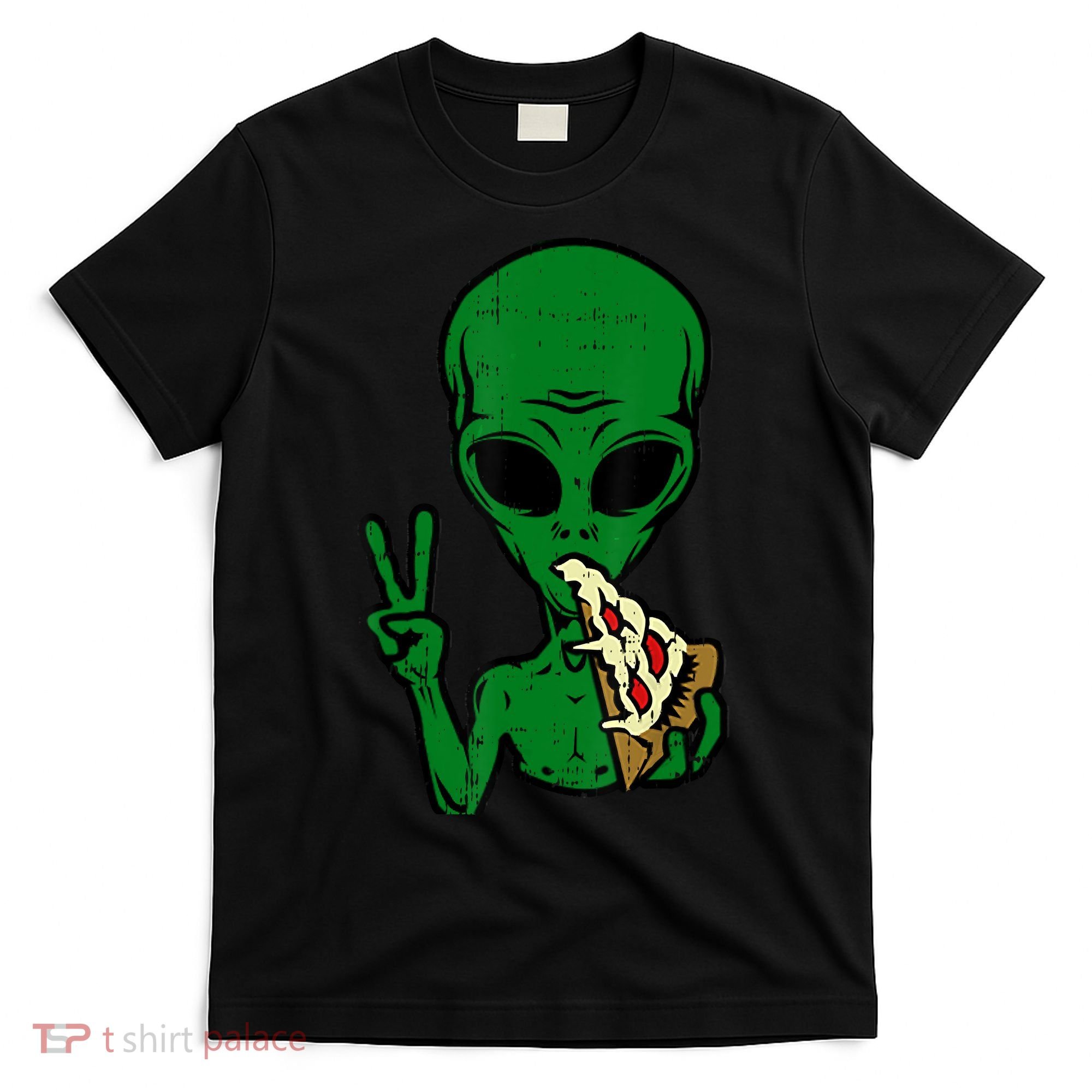 Funny Green Alien Eat Pizza Say Hi Aliens Picture T-Shirt