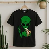 Funny Green Alien Eat Pizza Say Hi Aliens Picture T-Shirt thumb 2