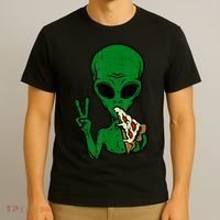 Funny Green Alien Eat Pizza Say Hi Aliens Picture T-Shirt thumb 3