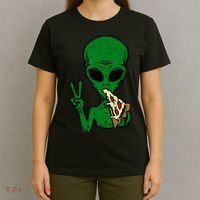 Funny Green Alien Eat Pizza Say Hi Aliens Picture T-Shirt thumb 4
