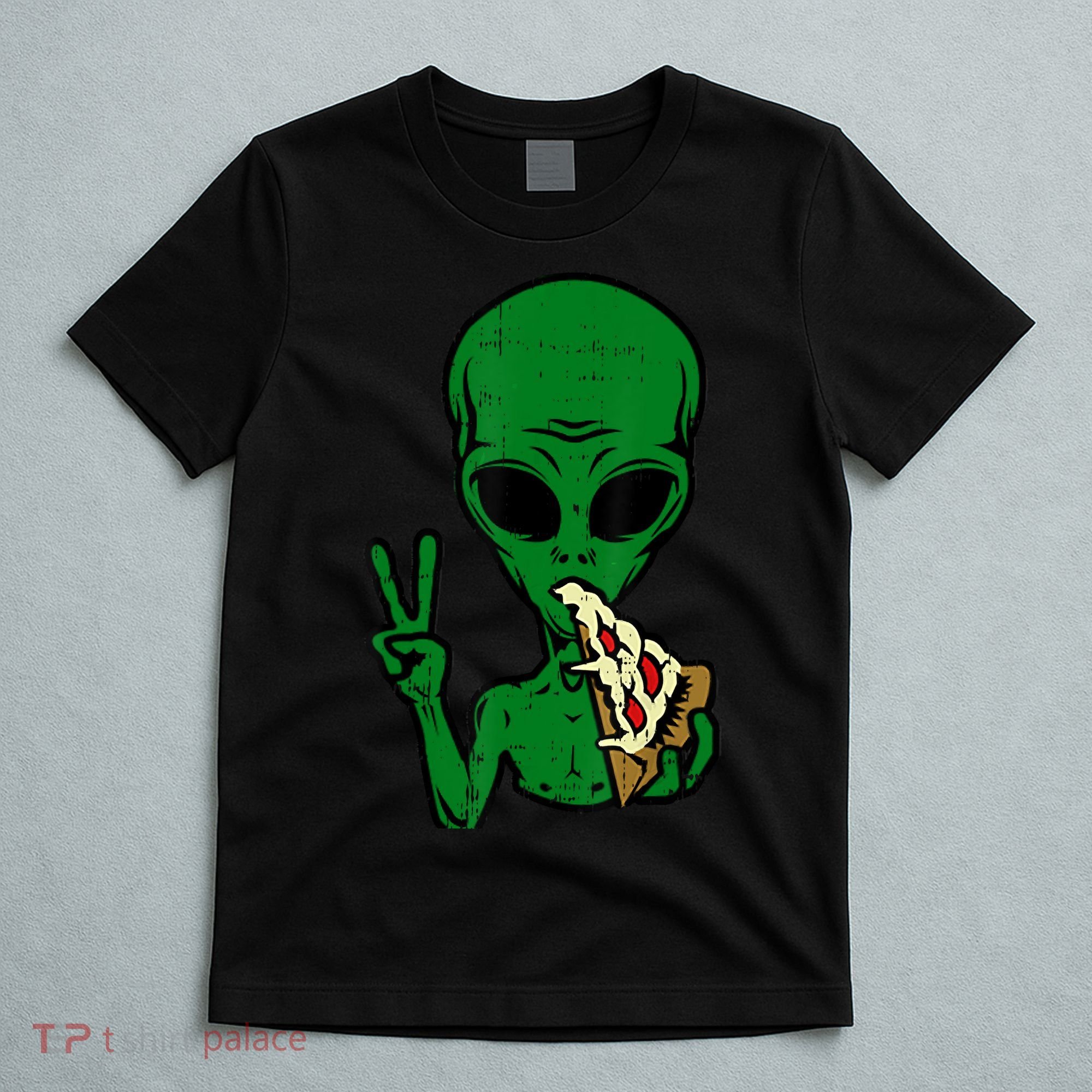 Funny Green Alien Eat Pizza Say Hi Aliens Picture T-Shirt