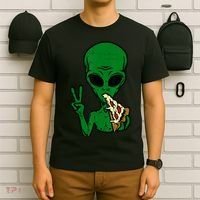 Funny Green Alien Eat Pizza Say Hi Aliens Picture T-Shirt thumb 6