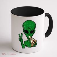 Funny Green Alien Eat Pizza Say Hi Aliens Picture Coffee Mug thumb 1