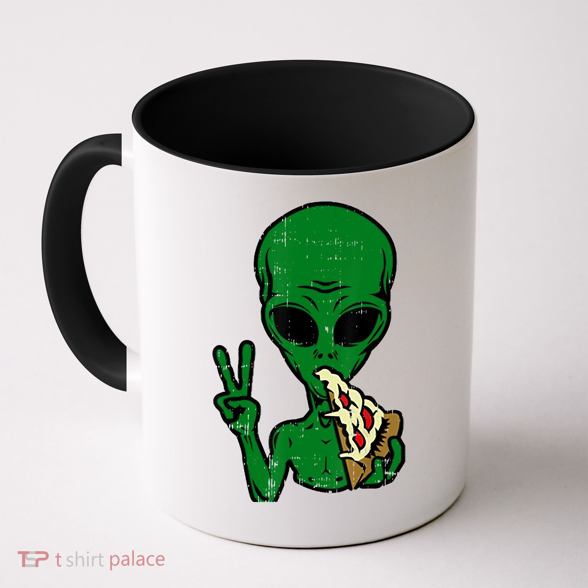 Funny Green Alien Eat Pizza Say Hi Aliens Picture Coffee Mug